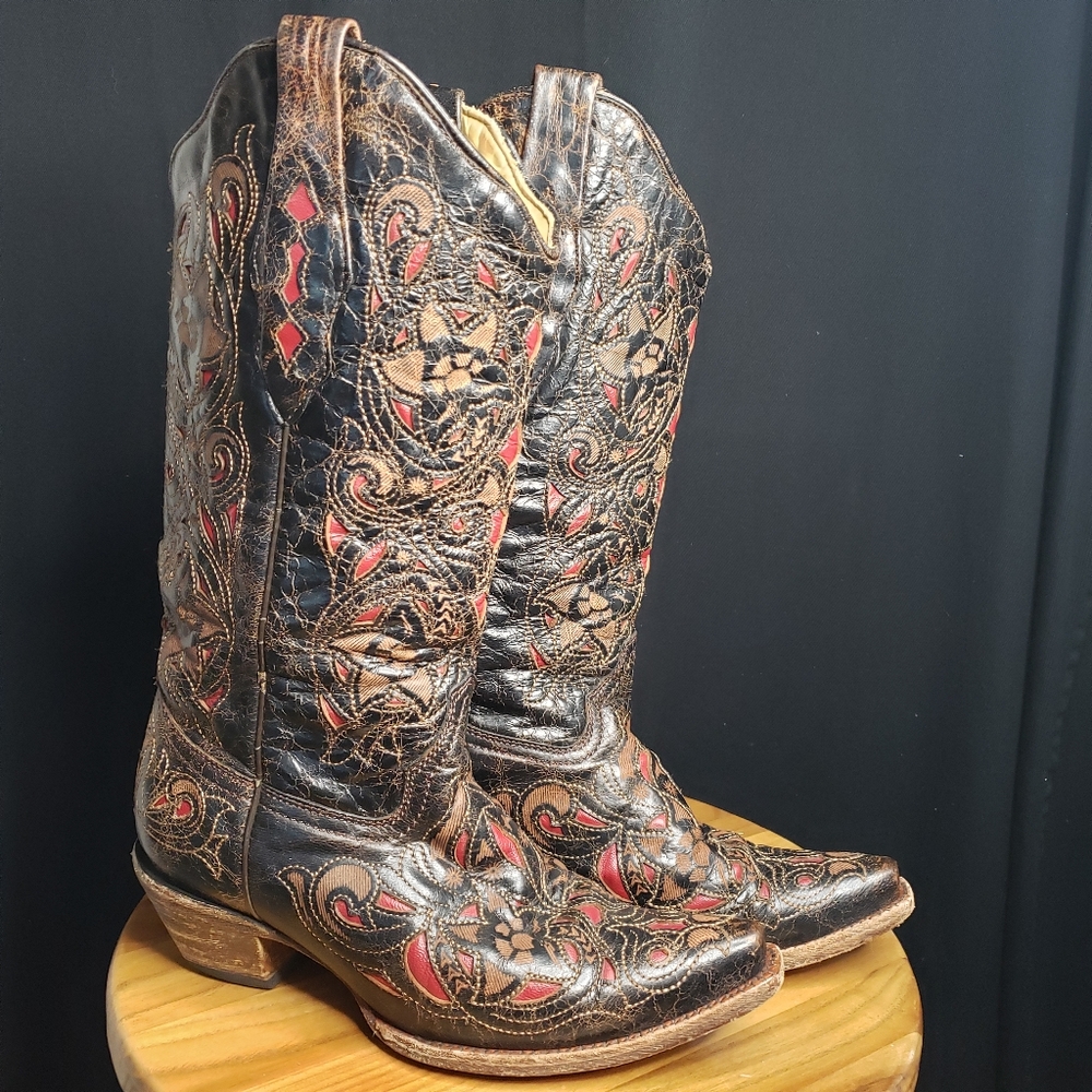Corral Vintage Distressed Cowgirl Boots - Dark Brown & Red - Women's size 7. 5